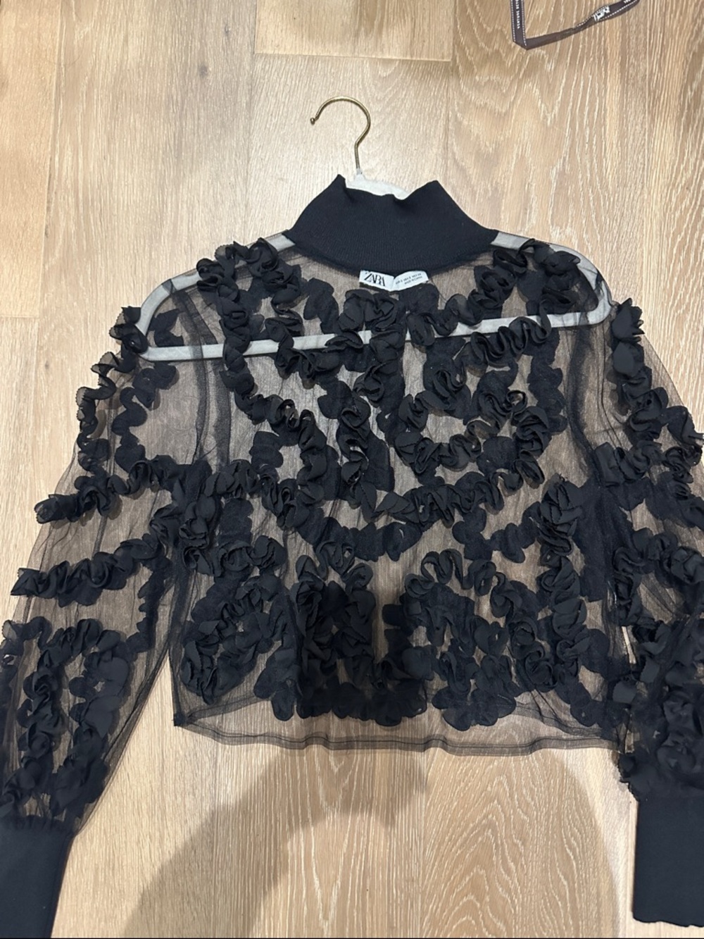 Zara Black Sheer Mock Neck Ruffle Appliqué Top